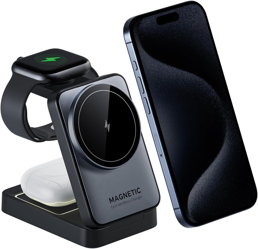 3-in-1 Wireless Charger for iPhone,Travel Magnetic Charger Stand Nightlight Foldable Wireless Charging Station Compatible with Magsafe Charger