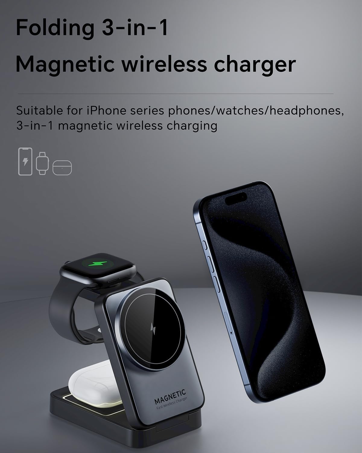 3-in-1 Wireless Charger for iPhone,Travel Magnetic Charger Stand Nightlight Foldable Wireless Charging Station Compatible with Magsafe Charger