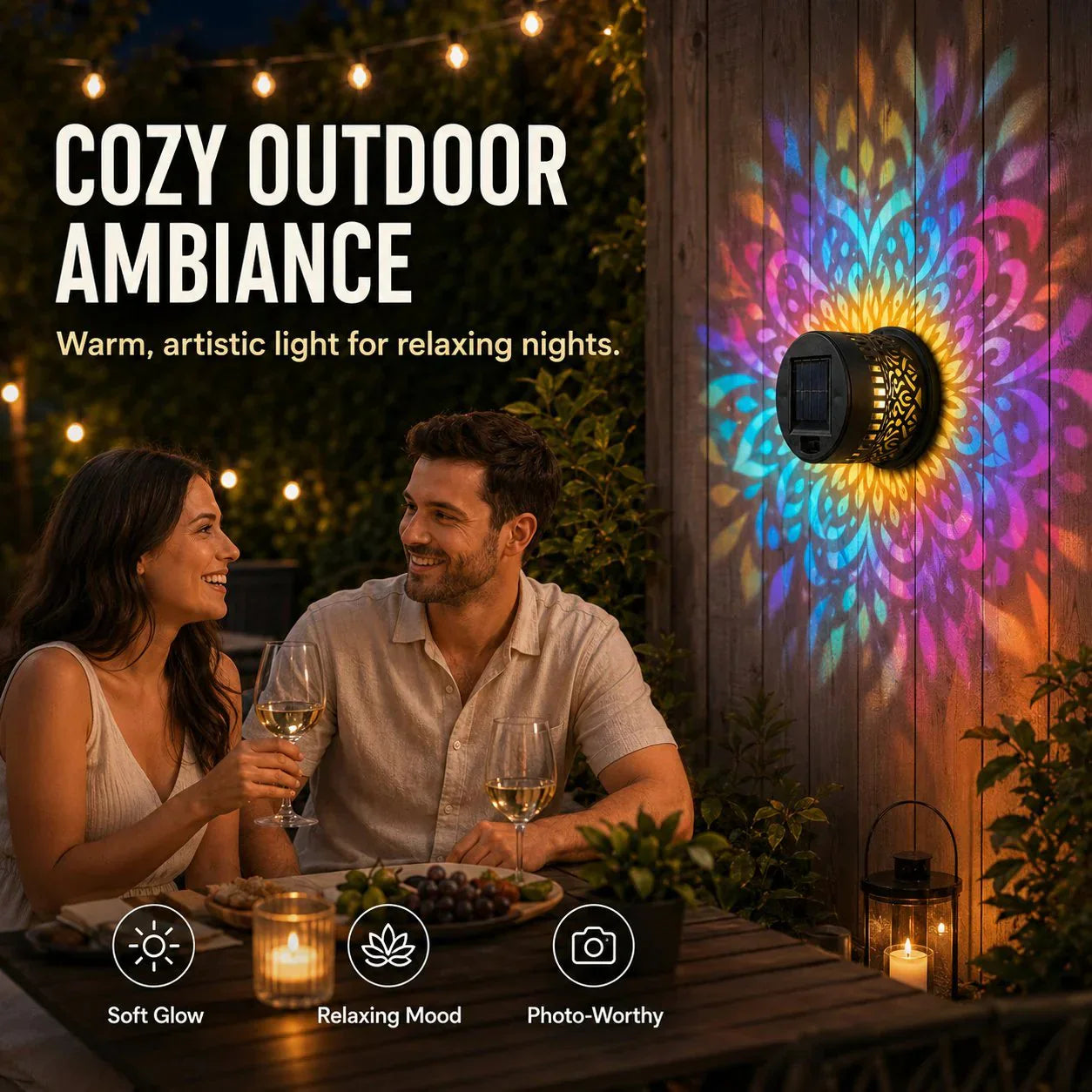 Solar mandala wall light outdoor garden projection detail