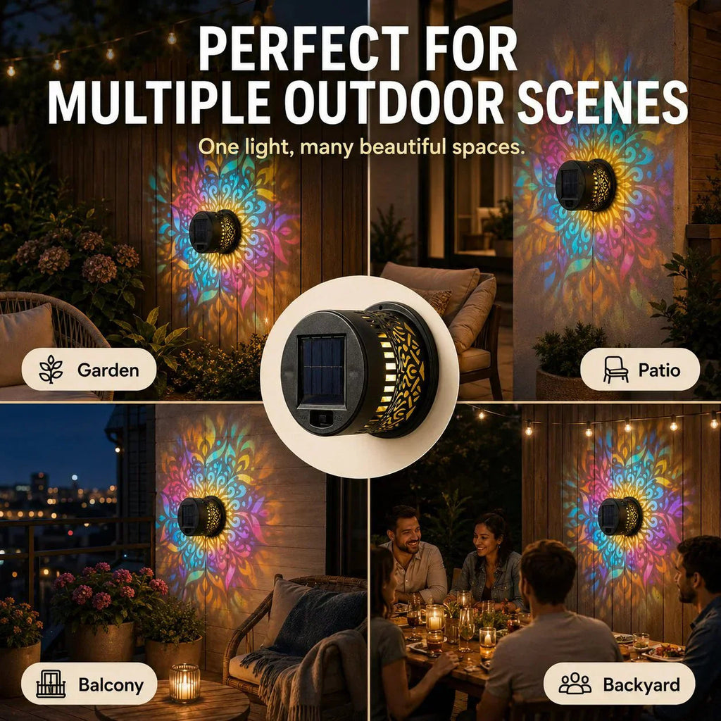 Solar mandala wall light outdoor garden projection detail