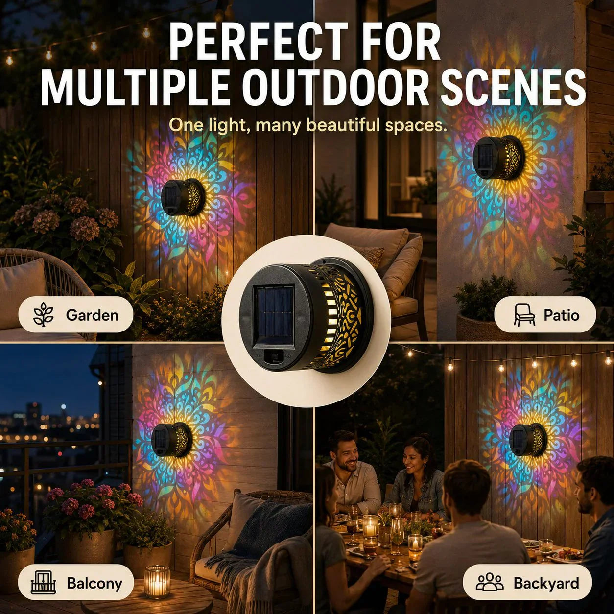 Solar mandala wall light outdoor garden projection detail
