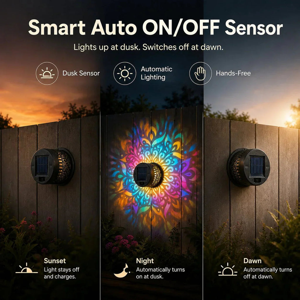 Solar mandala wall light outdoor garden projection detail